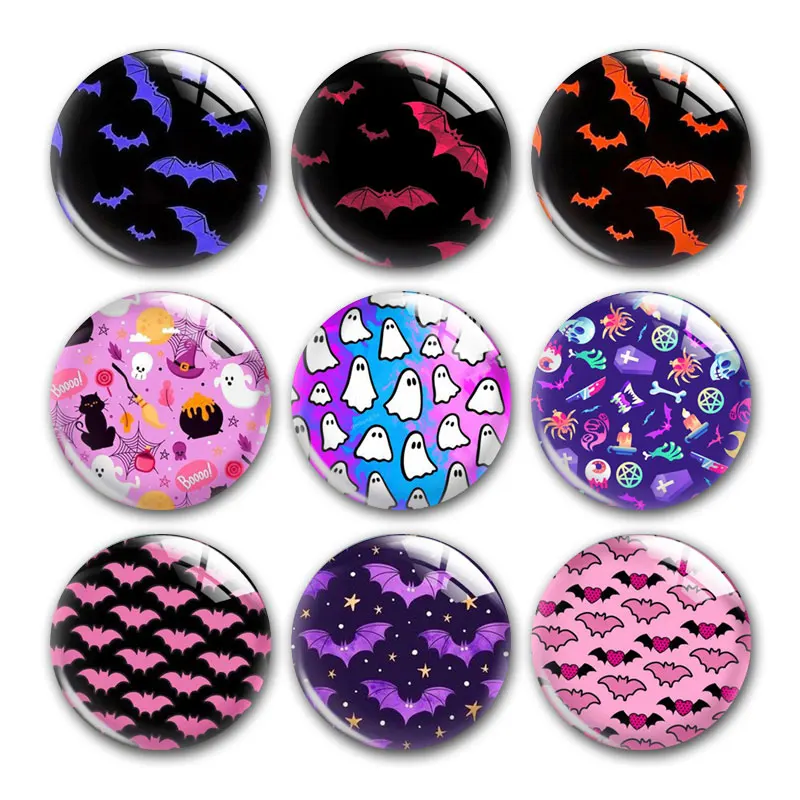 

Halloween Colorful Spooky Boo Bat Spider Round Photo Glass Cabochon Demo Flat Back DIY Jewelry Making Supplies Snap Button