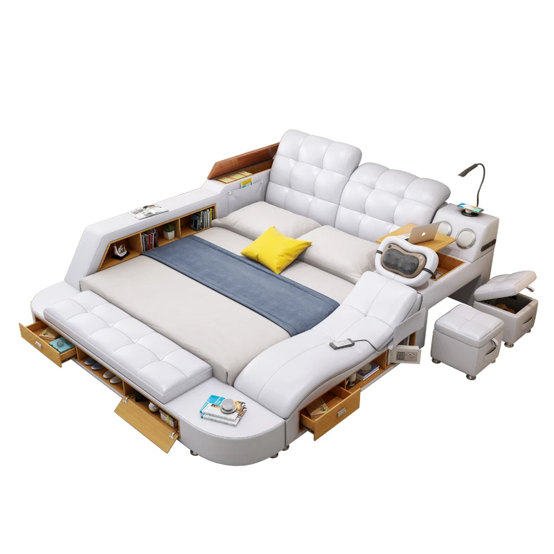 

Genuine Leather Multifunctional Massage Bed Frame Nordic Tatami Camas Ultimate Bed Tech Smart Beds with Bluetooth Audio LED Lamp