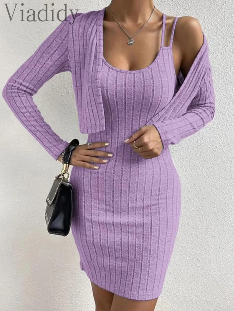 Women Casual Solid Color Ribbed Double Strap Bodycon Dress and Cardigan Coat 2pcs Set
Women Casual Solid Color Ribbed Double Strap Bodycon Dress and Cardigan Coat 2pcs Set