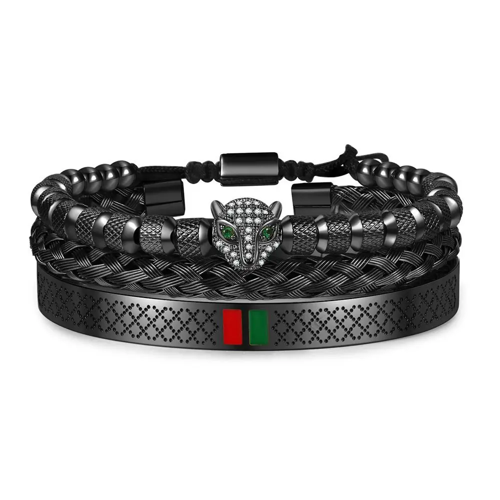 Luxury Black Handmade Braiding Adjustable Bracelet Men Pave CZ Leopard Head Enamel Green Red Bangle Stainless Steel Jewelry
Luxury Black Handmade Braiding Adjustable Bracelet Men Pave CZ Leopard Head Enamel Green Red Bangle Stainless Steel Jewelry
