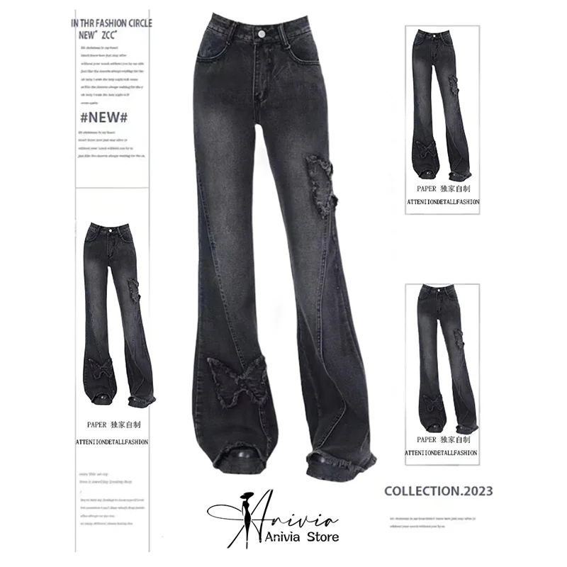 

Женские винтажные джинсы-бабочки, черные готические расклешенные джинсы в стиле 90-х, ковбойские брюки, джинсовые брюки в стиле Харадзюку, Y2k, 2000s, одежда 2024