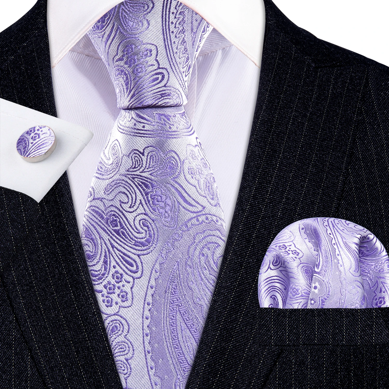 

Purple Silk Mens Tie Hanky Cufflinks Set Lilac Lavender Mauve Violet Jacquard Necktie For Male Wedding Business Party Barry.Wang