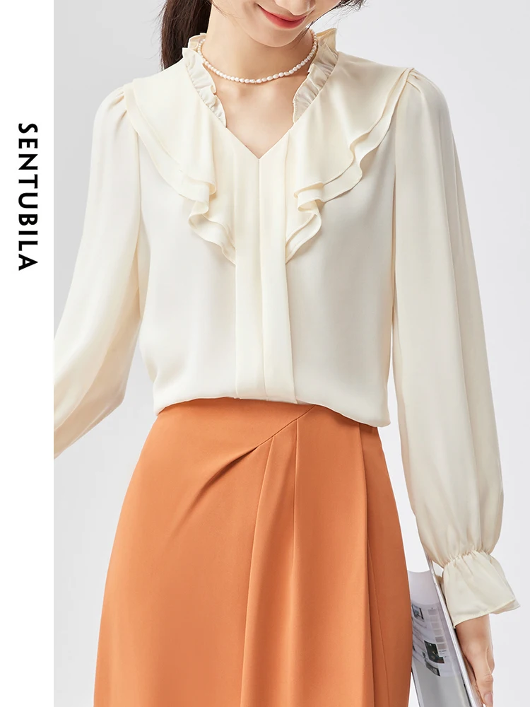 

SENTUBILA Ruffled V-neck Chiffon Shirt Flare Sleeve Solid Blouses 2024 Fashion Ladies Clothes Long Sleeve Womens Tops 131V46100