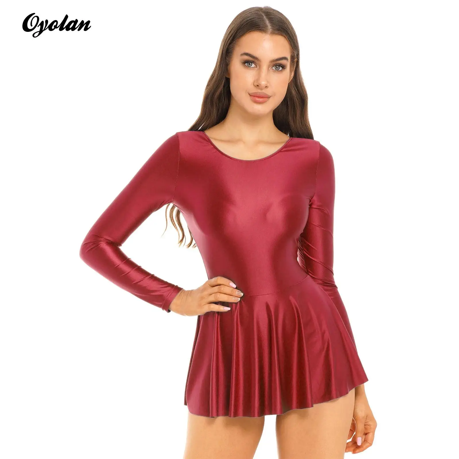 

Sexy Womens Oil Glossy Long Sleeve Ruffled Tank Dress Solid Color Round Neck Ballet Leotard Dresses Chemises Slim Fit Clubwear