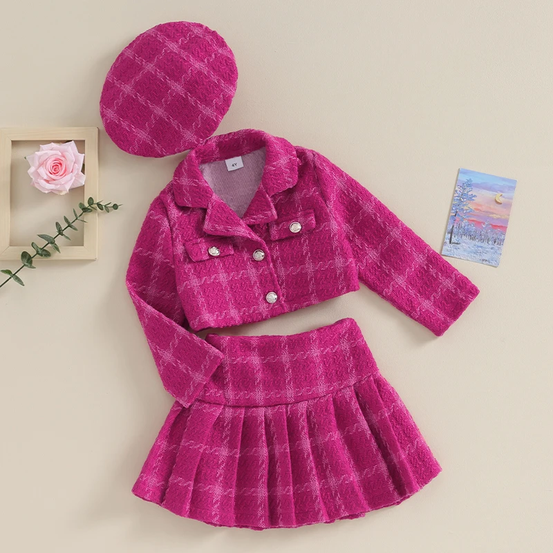 Girls Autumn 3 Piece Outfits Long Sleeve Button Coat Pleated Plaid Skirt Hat Set
Girls Autumn 3 Piece Outfits Long Sleeve Button Coat Pleated Plaid Skirt Hat Set