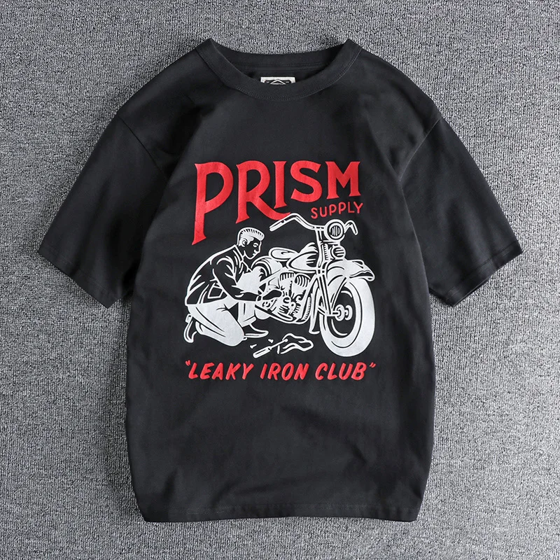 220G European and American Retro Khaki Fun Motorcycle Print Short-sleeved T-shirt Men Summer High-weight Cotton Half-sleeve Top
220G European and American Retro Khaki Fun Motorcycle Print Short-sleeved T-shirt Men Summer High-weight Cotton Half-sleeve Top