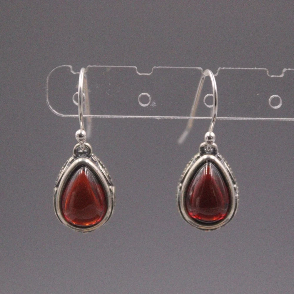 

Real Solid 925 Sterling Silver Dangle Red Garnet Lucky Women Carved Water Drop Earrings