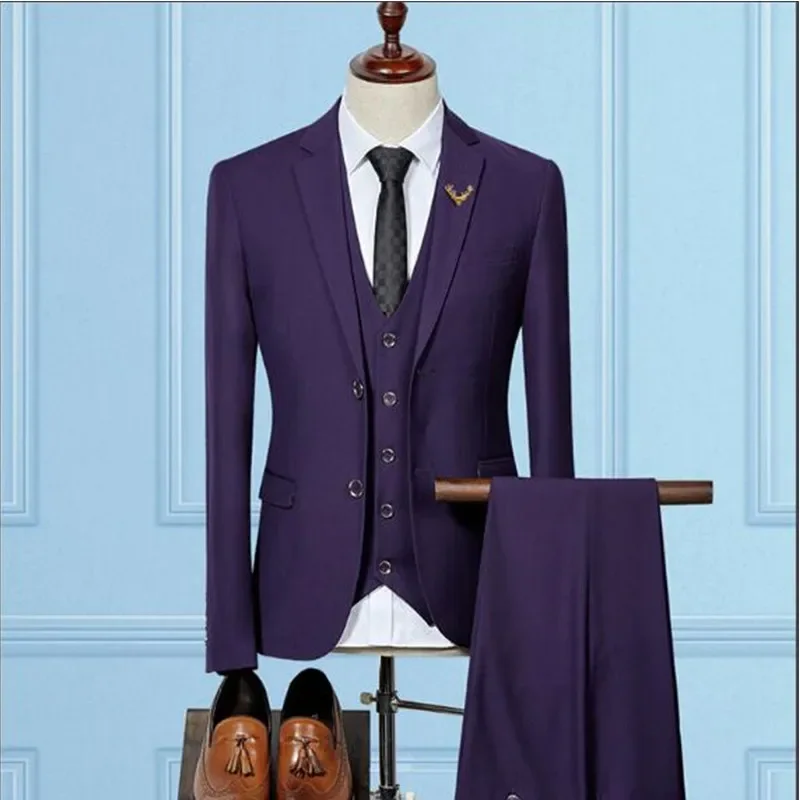 

Fashion Purple Suit Men Set 2019 Prom Wedding Dinner Mens Suit Groomsmen Blazer Groom Tuxedo 2 Buttons Coat (Jacket+Pants+Vest)