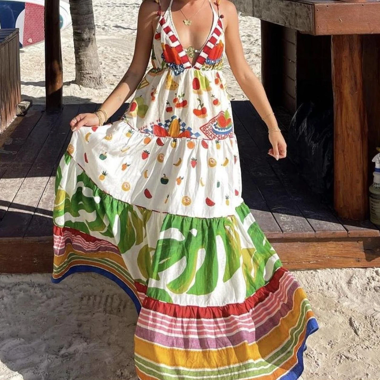 

Women Floral Spliced Dress Sleeveless Spaghetti Strap Deep V-Neck Backless Tropical Beach Style Dresses