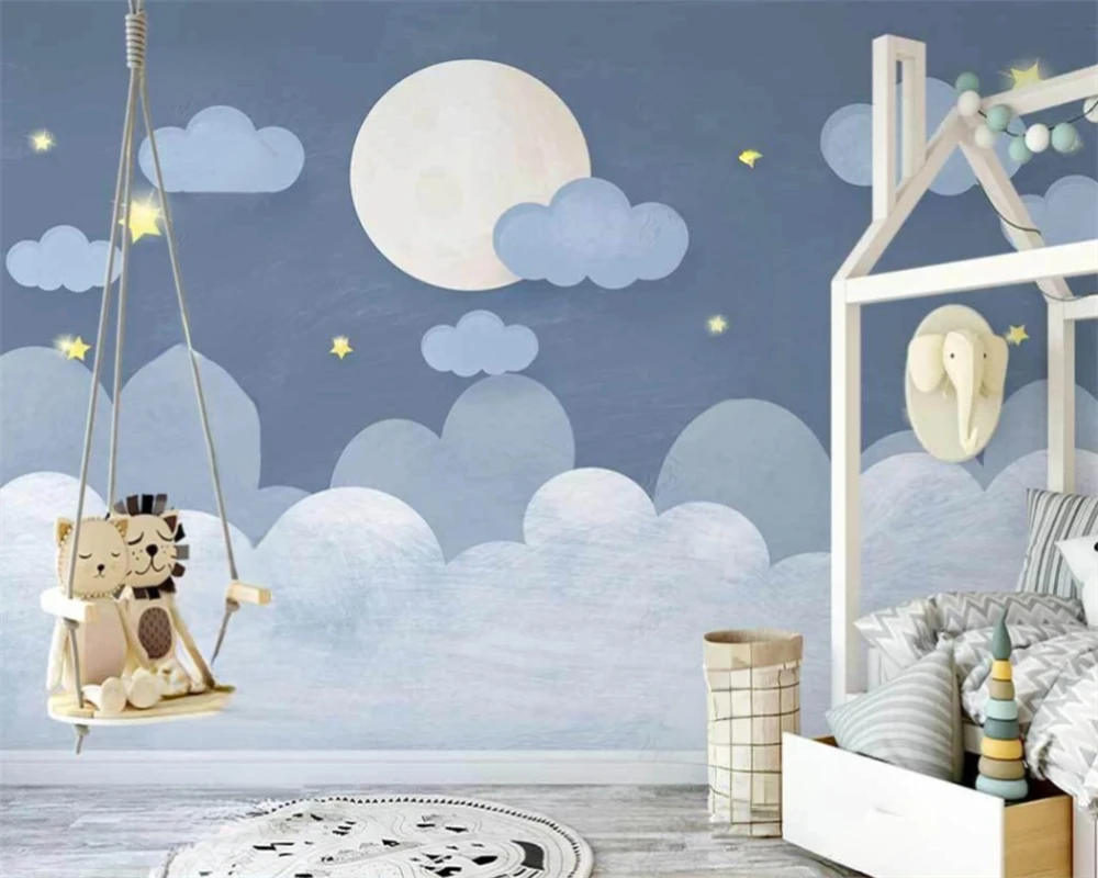 

beibehang papier peint Customized modern new Nordic hand-painted blue clouds starry sky children's room background wallpaper