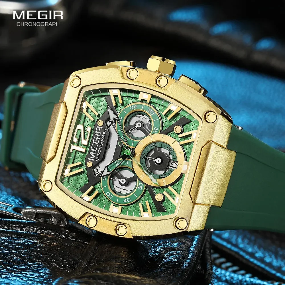 

MEGIR Fashion Sport Quartz Watch for Men Waterproof Golden Green Silicone Strap Chronograph Wristwatch with Date Luminous Hands