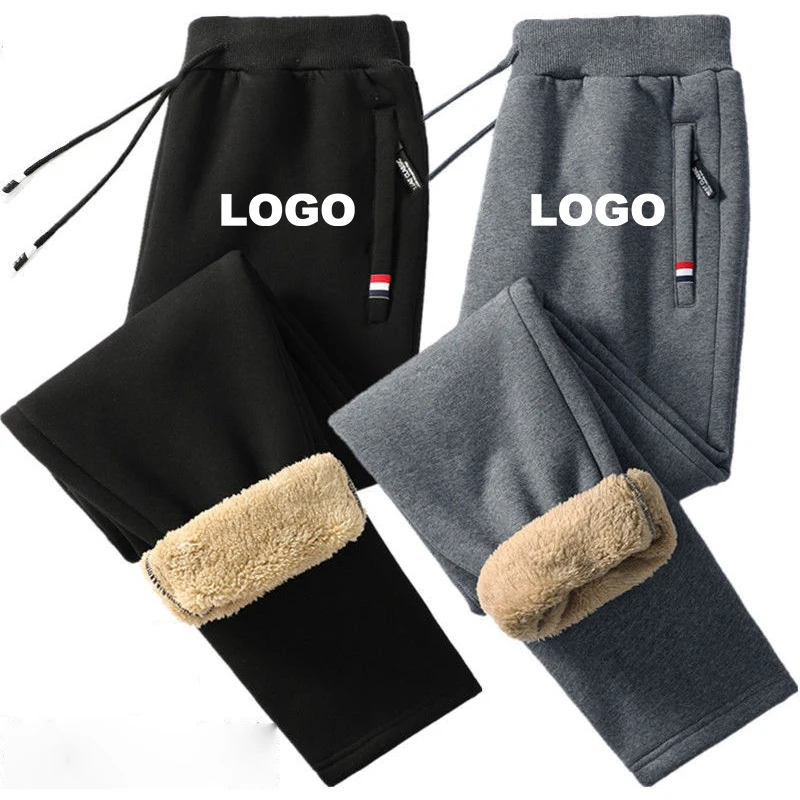 

Штаны мужские зимние повседневные с логотипом на заказ, теплые спортивные штаны из овечьей шерсти для фитнеса и бега, однотонные флисовые брюки с Кулиской
