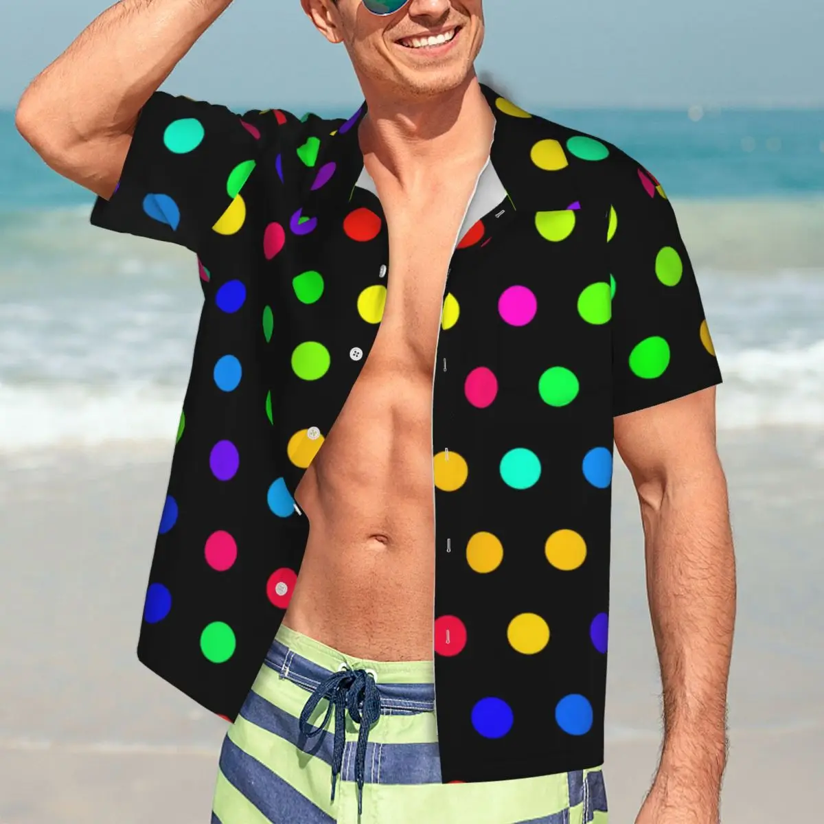 

Милая оригинальная рубашка для отпуска, Гавайские повседневные рубашки в красочный горошек, мужские винтажные блузки, Стильные топы с коротким рукавом