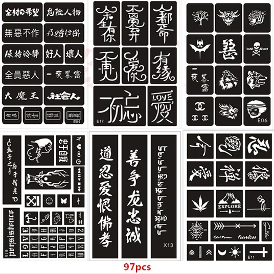 97pcs/set Henna Stencils for Painting Sexy Hanzi Airbrush Stencil for Men Woman Szablony Do Malowania Glitter Stencil Templates
97pcs/set Henna Stencils for Painting Sexy Hanzi Airbrush Stencil for Men Woman Szablony Do Malowania Glitter Stencil Templates