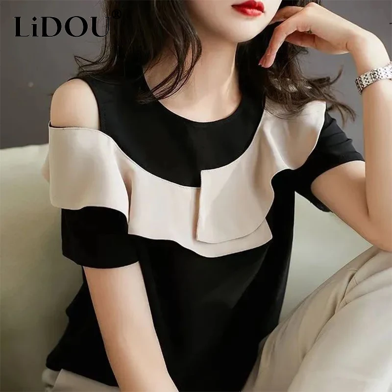 Summer Fashion Elegant Ruffles Off the Shoulder Pullover Chiffon Shirt Lady Short Sleeve Temperament Top Women Patchwork Blouse
Summer Fashion Elegant Ruffles Off the Shoulder Pullover Chiffon Shirt Lady Short Sleeve Temperament Top Women Patchwork Blouse