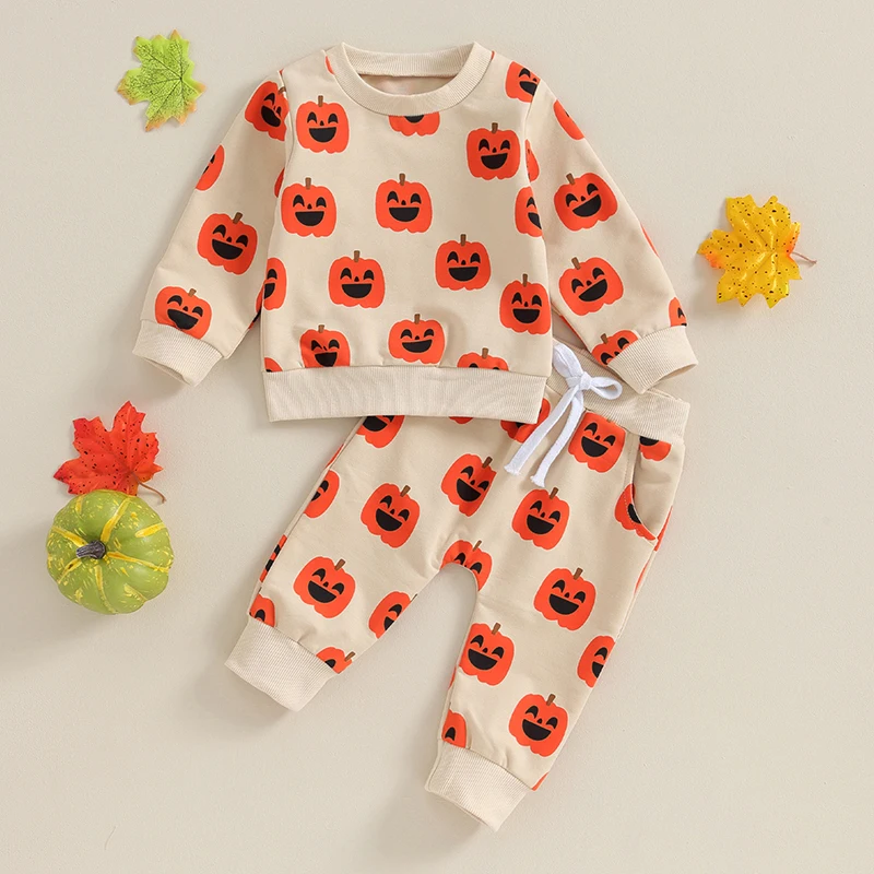 

2023-08-17 Lioraitiin 0-3Y Infant Baby Boy Halloween Clothes Long Sleeve Sweatshirt Tops Toddler Boys Fall Pumpkin Outfits Set