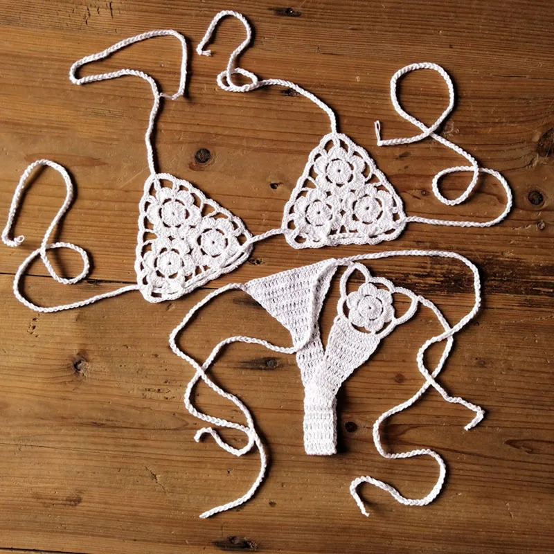 

Women Sexy Handmade Bikini Sets Crochet Flower Solid Color Lace Thong String Swimwear Sunbathing Swimsuit Beach Wear Lace-up