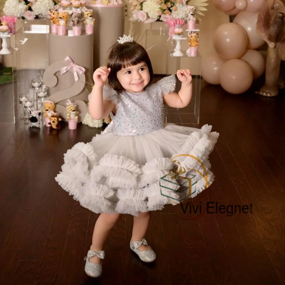 

Grey Scoop Flower Girl Dresses for Dance Tutu Tiered 2023 New Sleeveless Wedding Party Gowns Sequined فساتين اطفال للعيد New