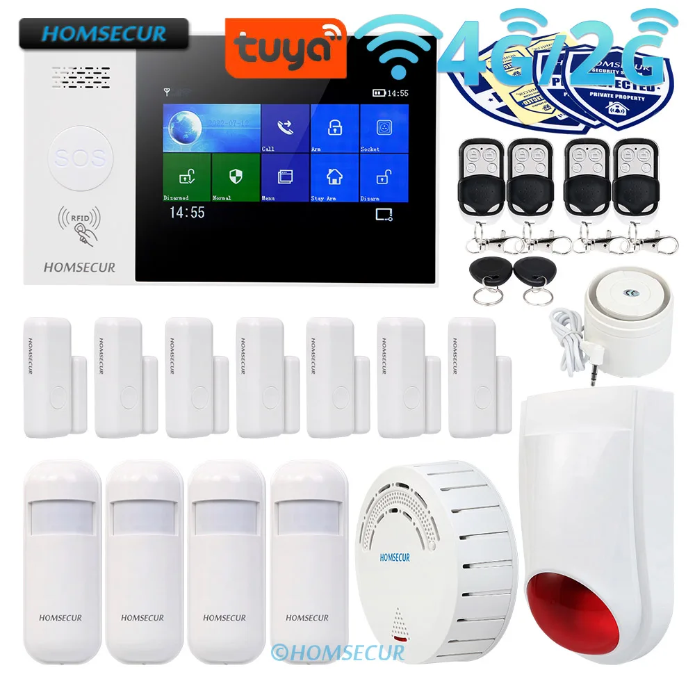 

HOMSECUR Tuya Wireless WIFI 4G RFID Burglar Intruder Alarm System with Smoke Detector Wireless Flash Siren PIR Door Sensor