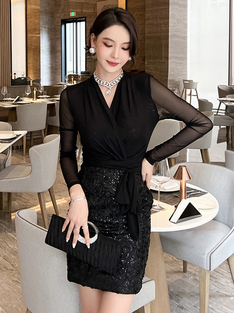 

Весенние элегантные сексуальные платья для женщин 2023 черное прозрачное Сетчатое офисное платье с блестками и цветами облегающее мини-платье