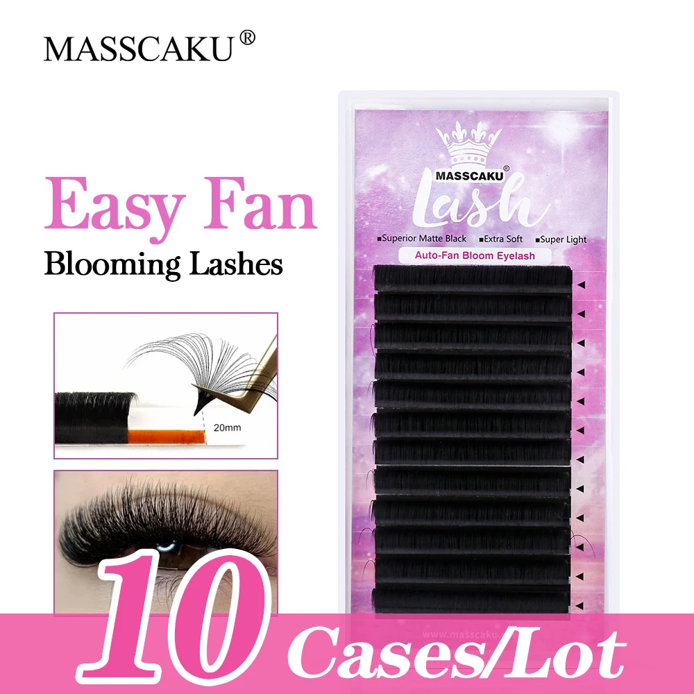 

10cases/lot MASSCAKU 12Rows C/CC/D/DD Curl Korean PBT Fiber Easy Fanning Mega Volume Lashes 1Second Blooming Eyelashes Extension