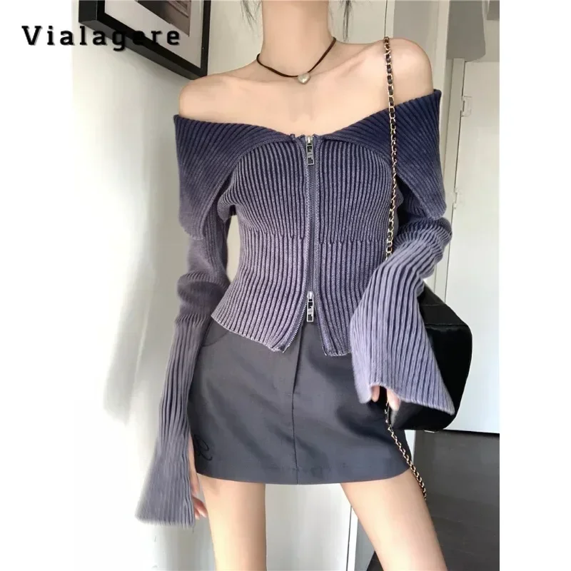 

2024 Summer Hotsweet Solid Color Knitting Jumpers Women Casual Long Sleeve Cardigans Slash Neck Zipper Ladies Sexy Sweater