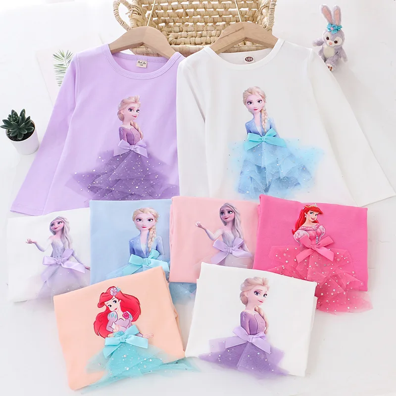 

Girls Cartoon Princess T-shirt Autumn Kids Fashion Bottoming Shirts Baby Girl Party Long-sleeved Cotton Aisha Elsa Clothes