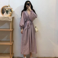 Dress Womens Long Sleeve Loose Leisure Sashes Solid Simple Elegant Retro V-neck Ankle-length Feminine Ladies New Autumn Dresses
Dress Womens Long Sleeve Loose Leisure Sashes Solid Simple Elegant Retro V-neck Ankle-length Feminine Ladies New Autumn Dresses
