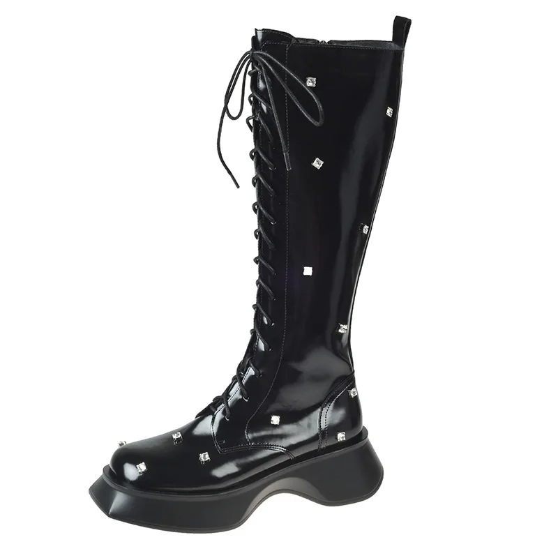 Punk Style Crystal Studs Platform Wedge Lace- up Knee Boots patent leather Square toe Knight Boots Women Ridding Boots
Punk Style Crystal Studs Platform Wedge Lace- up Knee Boots patent leather Square toe Knight Boots Women Ridding Boots