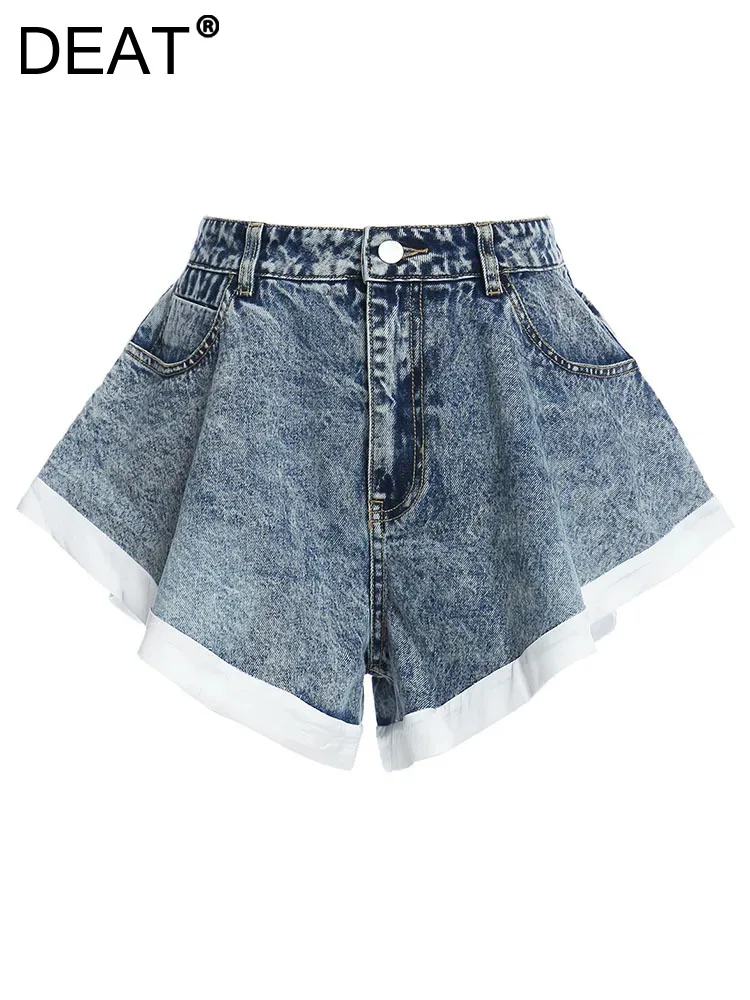 

DEAT Fashion Women Denim Shorts Knitted Super Elastic Breathable Contrast Color Ruffled Edges Hem Pants Summer 2024 New 7AB3930