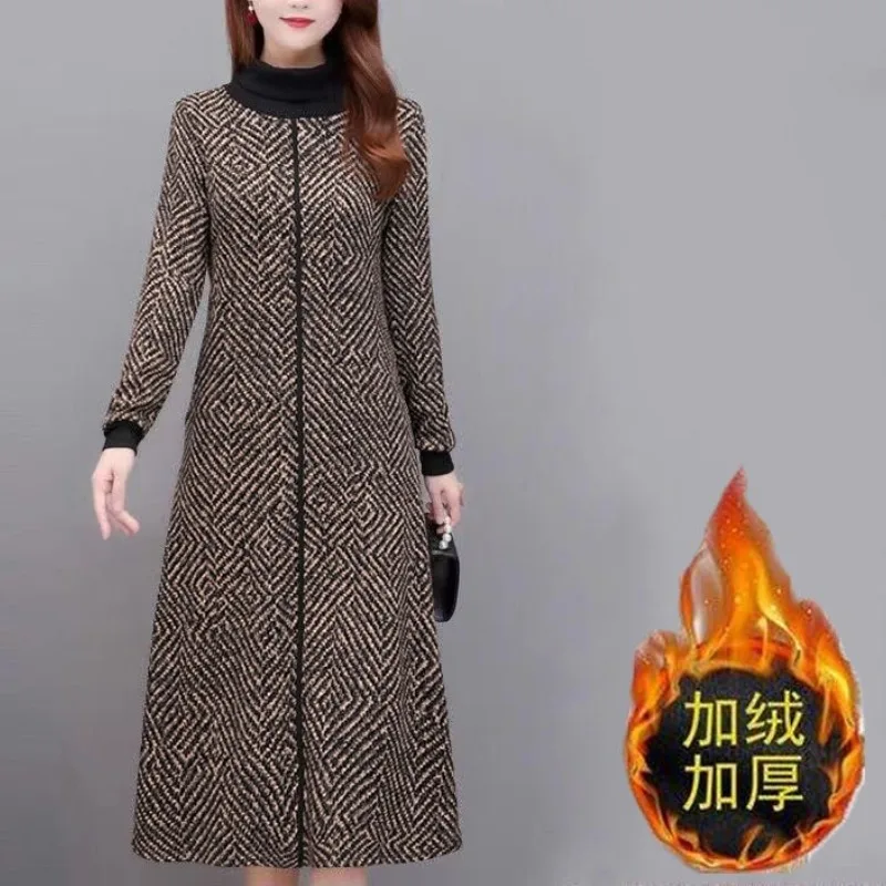 

Autumn and Winter Women's Half High Neck Midi Long Sleeve Panel Slim Plus Size Printing Geometry Fashion Casual Formal Dress