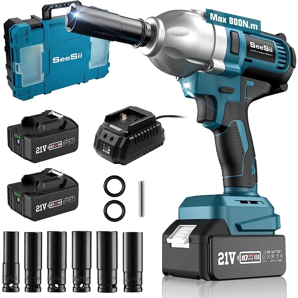 

Cordless Electric Impact Wrench 1/2 inch for Car Home, 580Ft-lbs(800N.m) Brushless, 3300RPM High Torque Gun w/ 2x 4.0Ah Battery