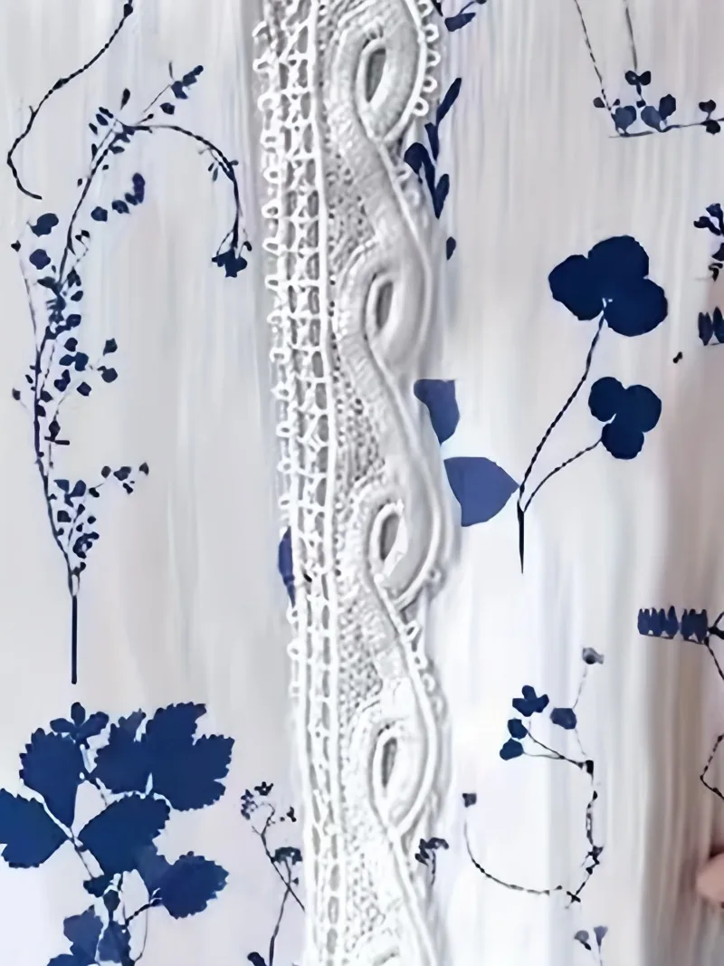 Plus Size 1XL-5XL Women's Floral Print Top Long Sleeved Hollow Out Casual Shirt V-neck Fashionable Shirt Plus Size 1XL-5XL Women's Floral Print Top Long Sleeved Hollow Out Casual Shirt V-neck Fashionable Shirt