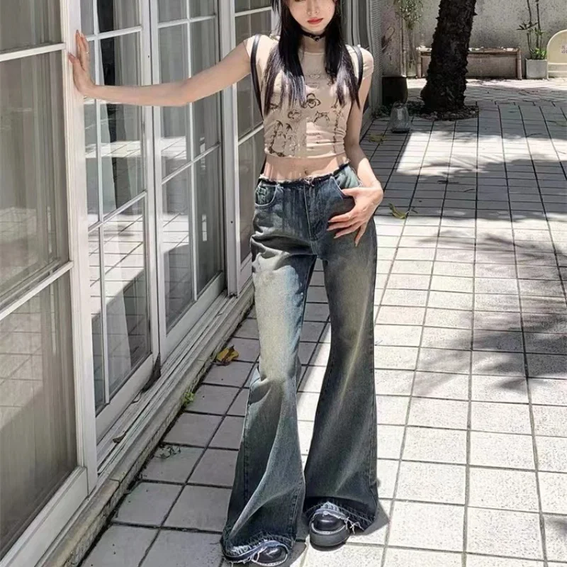 

Женские джинсы-клеш в стиле ретро, широкие прямые джинсы в американском стиле с заниженной талией и широкими штанинами, лето 2024