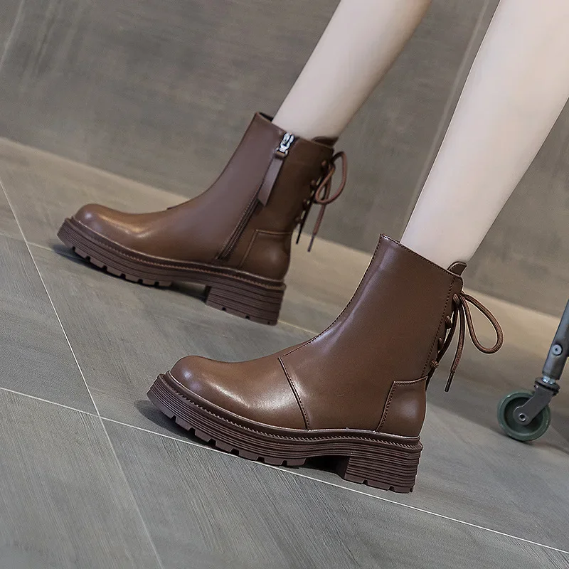 

2023 Botas Mujer Fashion Round Toe Women’s Platform Non-slip Leather Booties Lace-up Booties Outdoor Casual Daily Martin Boots