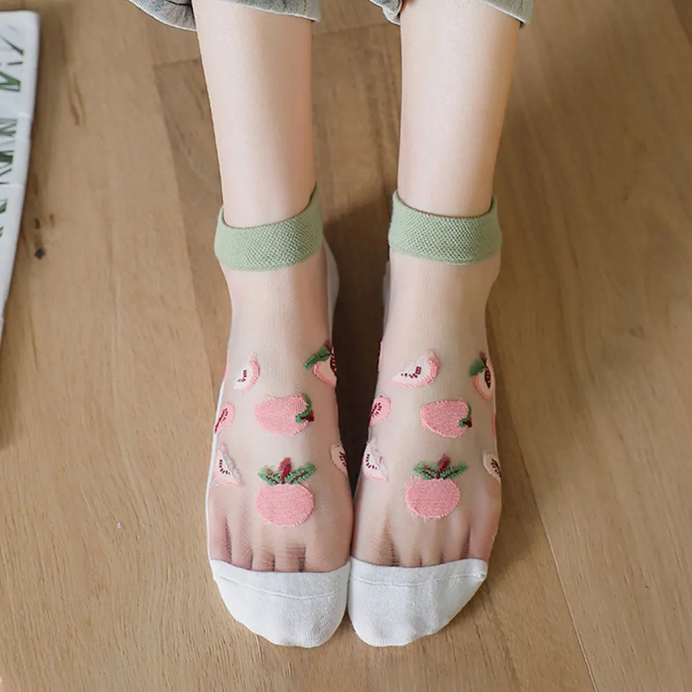 

1 Pairs Women Cotton Glass Silk Peach Letters Stripes Pattern Jacquard Breathable Socks Suitable for Summer Kawaii Socks