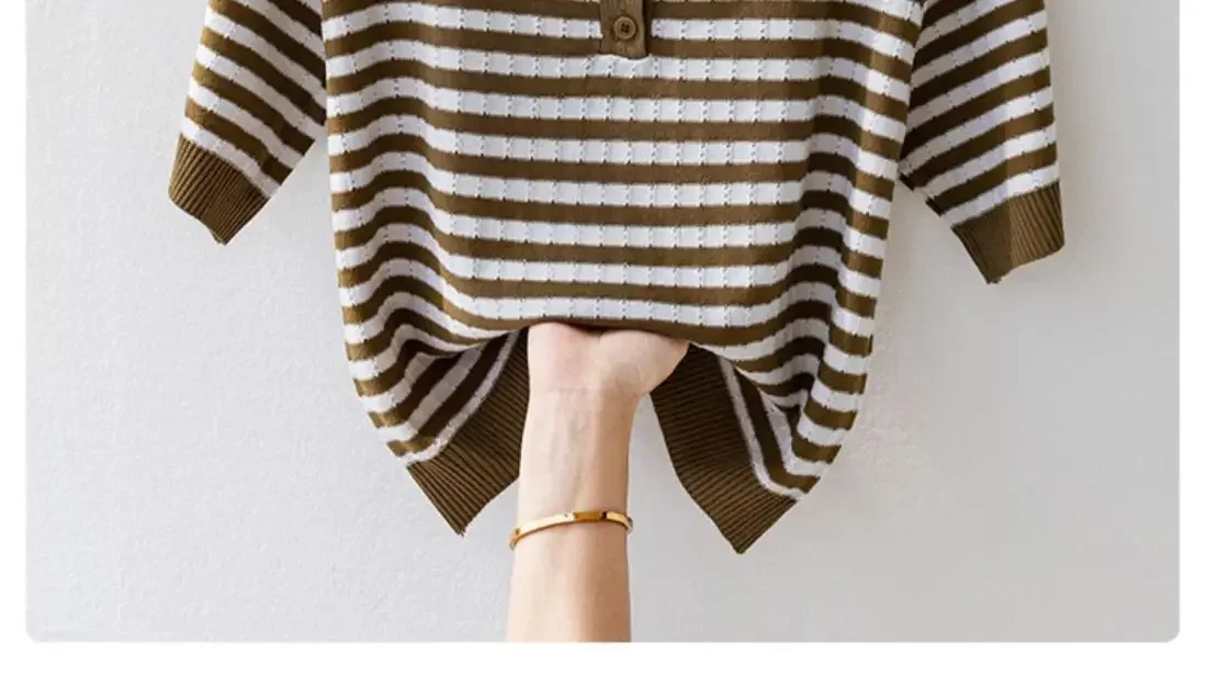 Fashion Women Short Sleeve Striped Knitted Polo Shirts Spring Summer All-match Tees Female Clothing New Pullover Bottoming Tops 40 Sf5d2a9c3df68477b8c52e8f3f25e1c3be