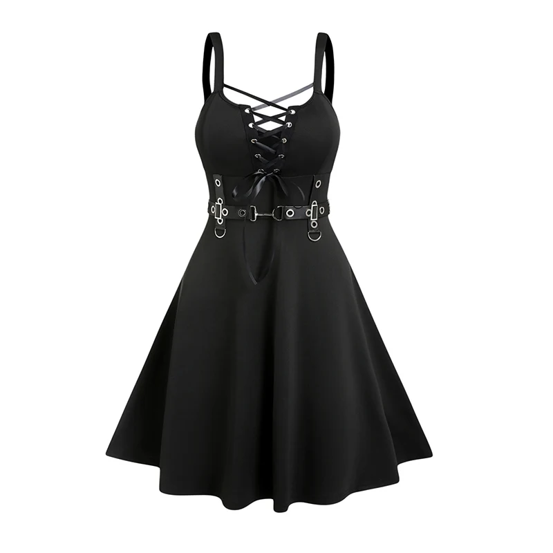 

Plus Size Dress Plain Color Grommet Lace Up High Waisted A Line Midi Gothic Dress Fashion Womens Dresses 2024 Vestidos