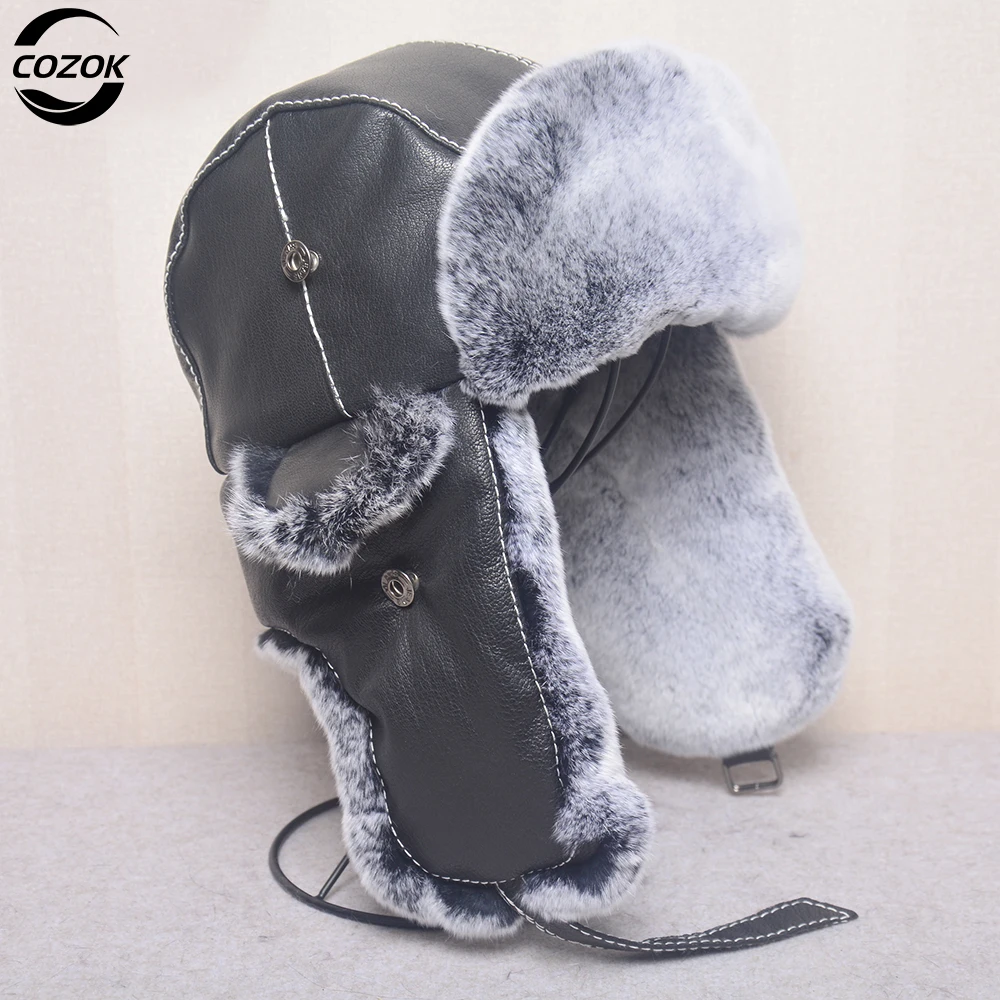 

New 2023 Winter Men's 100% Real Rex Rabbit Fur Bomber Hat Ushanka Cap Trapper Russian Man Ski Hats Caps Real Sheepskin Leather