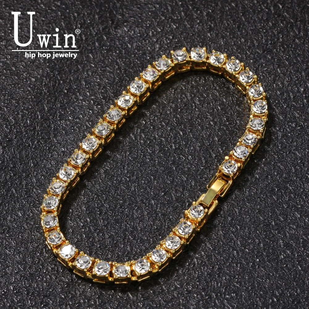 

UWIN Crystal Bracelet Women 20cm 8inch Hip hop Men Bracelet Gold Color Iced Out 1 Row Rhinestones Chain Bling Drop Shipping