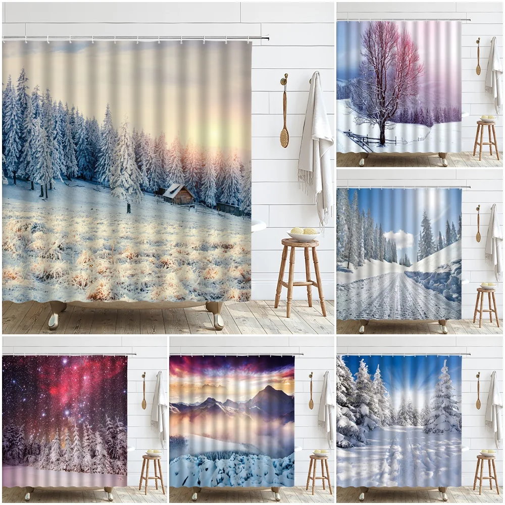 

Winter Forest Shower Curtain Snowy Mountain Trees Cedar Rustic Park Natural Landscape Bathroom Decor Curtains Polyester Fabric