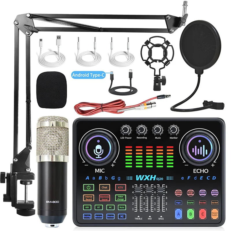 

Dj20 Sound Card Studio Mixer BM800 Noise Reduction Microphone Singing Voice Live Broadcast Phone Computer Record USB Sound Card