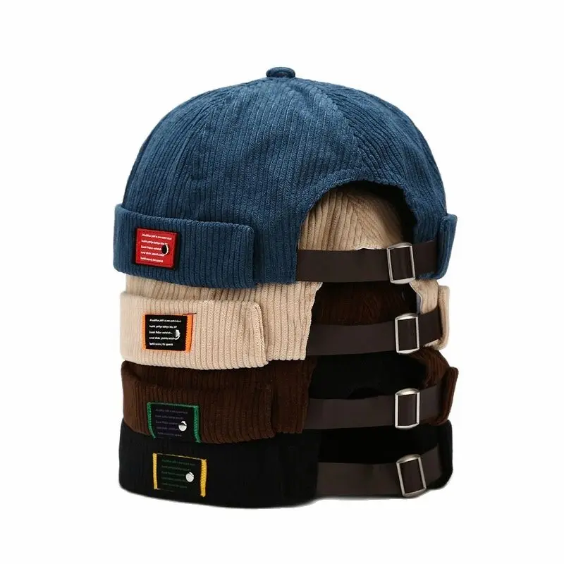 

Retro Men Women Adjustable Hat Brim Corduroy Brimless Hats Rolled Cuff Men Docker Caps Bonnets for Men Beanies Hip Hop Cap