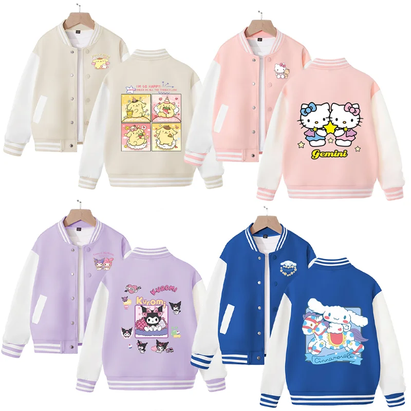 Sanrio аниме Hello Kitty бейсбольная куртка Kawaii Kuromi Cinnamoroll Pom пурин детская одежда с длинным рукавом Спортивное Свободное пальто 
Sanrio аниме Hello Kitty бейсбольная куртка Kawaii Kuromi Cinnamoroll Pom пурин детская одежда с длинным рукавом Спортивное Свободное пальто