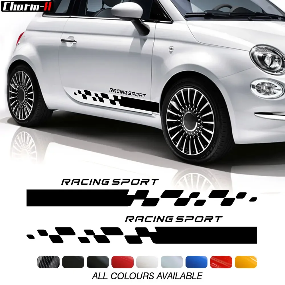 

2pcs RACING SPORT Car Styling Door Checkered Side Graphic Decal Skirt Sill Stripes Stickers for Fiat Abarth 500 595 695