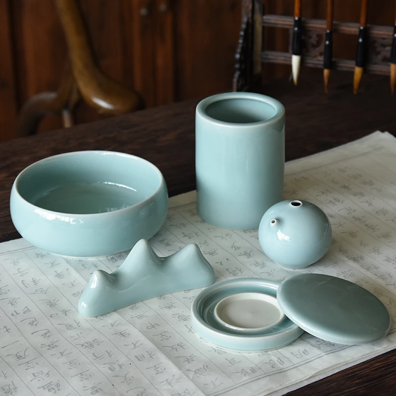 

Longquan celadon Four Treasures of the Study set boutique high-end ceramic calligraphy set beginners adult inkstone.