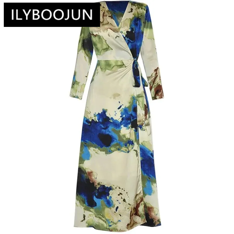 Модное дизайнерское женское платье ILYBOOJUN с V-образным вырезом, длинными рукавами, шнуровкой и запахом, элегантное лоскутное винтажное платье миди с абстрактным принтом 
Модное дизайнерское женское платье ILYBOOJUN с V-образным вырезом, длинными рукавами, шнуровкой и запахом, элегантное лоскутное винтажное платье миди с абстрактным принтом