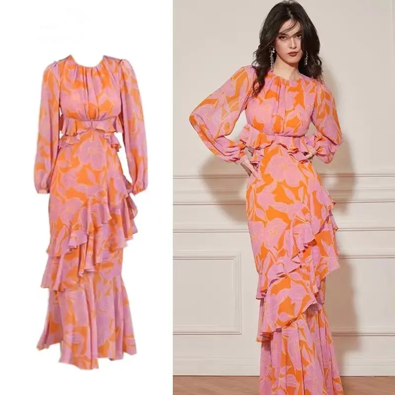 Женское шифоновое платье с юбкой годе, длинное зеленое платье с цветочным принтом, о-образным вырезом, оборками и вырезами на талии, лето 2024 
Женское шифоновое платье с юбкой годе, длинное зеленое платье с цветочным принтом, о-образным вырезом, оборками и вырезами на талии, лето 2024