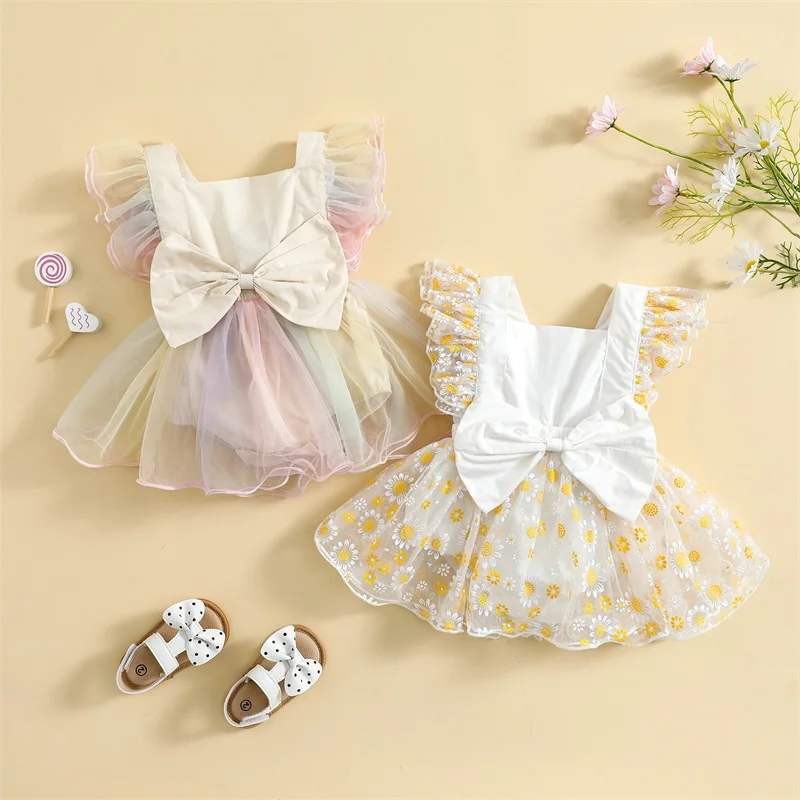 

Sweet Infant Baby Girls Floral Lace Embroidery Romper Dress Princess Party Set Ruffles Sleeveless Tulle Tutu Dresses for 0-24M