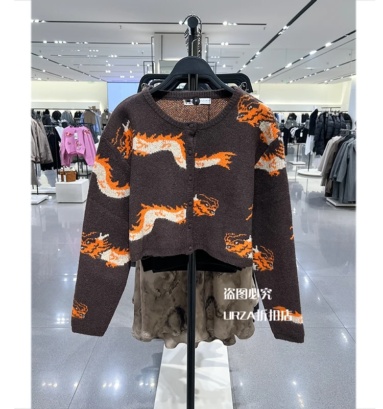 

Sweet dragon Cartoon Jacquard Cardigans For Women Brown Color Full Sleeves Crop Tops Lady Jumper Sweater